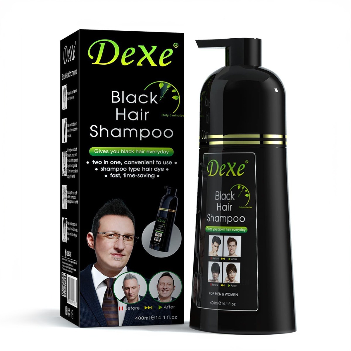 Dexe 2-in-1 Black Hair Color Shampoo – Instant Natural Black Hair Dye (400ml) | Herbal Formula | Ammonia-Free